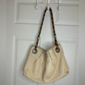 Brighton Vanilla Pebbled Leather Whip-Stitch Shoulder Bag Braided Strap Purse
